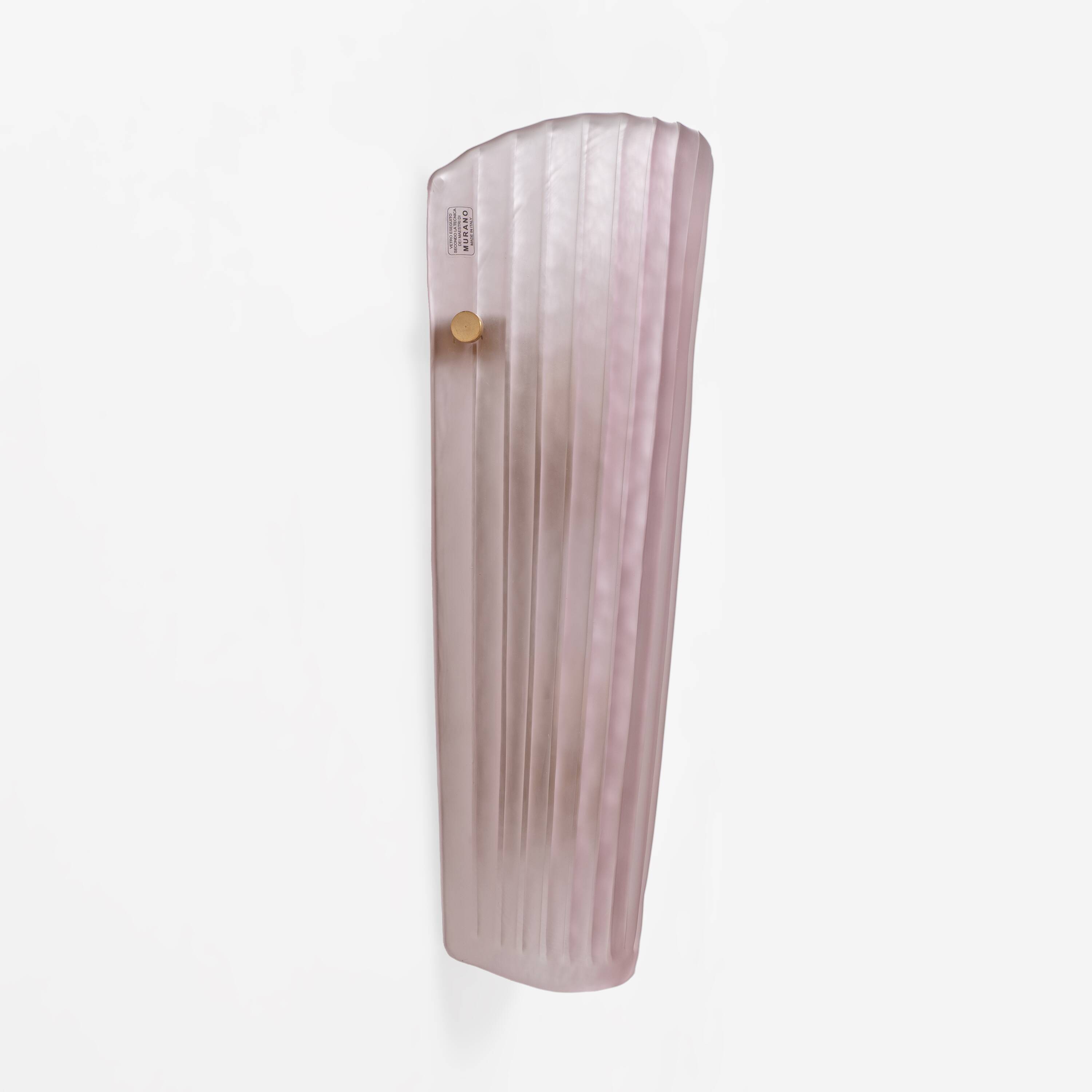 Pair of Murano Glass Wall Sconces in Pink Ribbed Glass and Brass, Italy