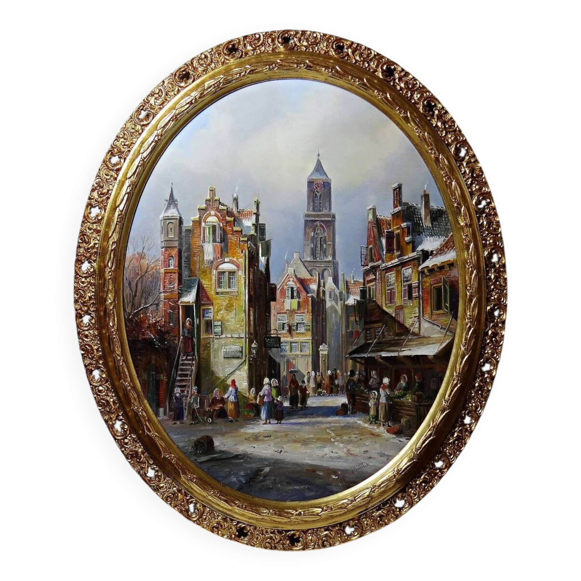 Large urban scene oil on wood framed painting John Haanstra vintage