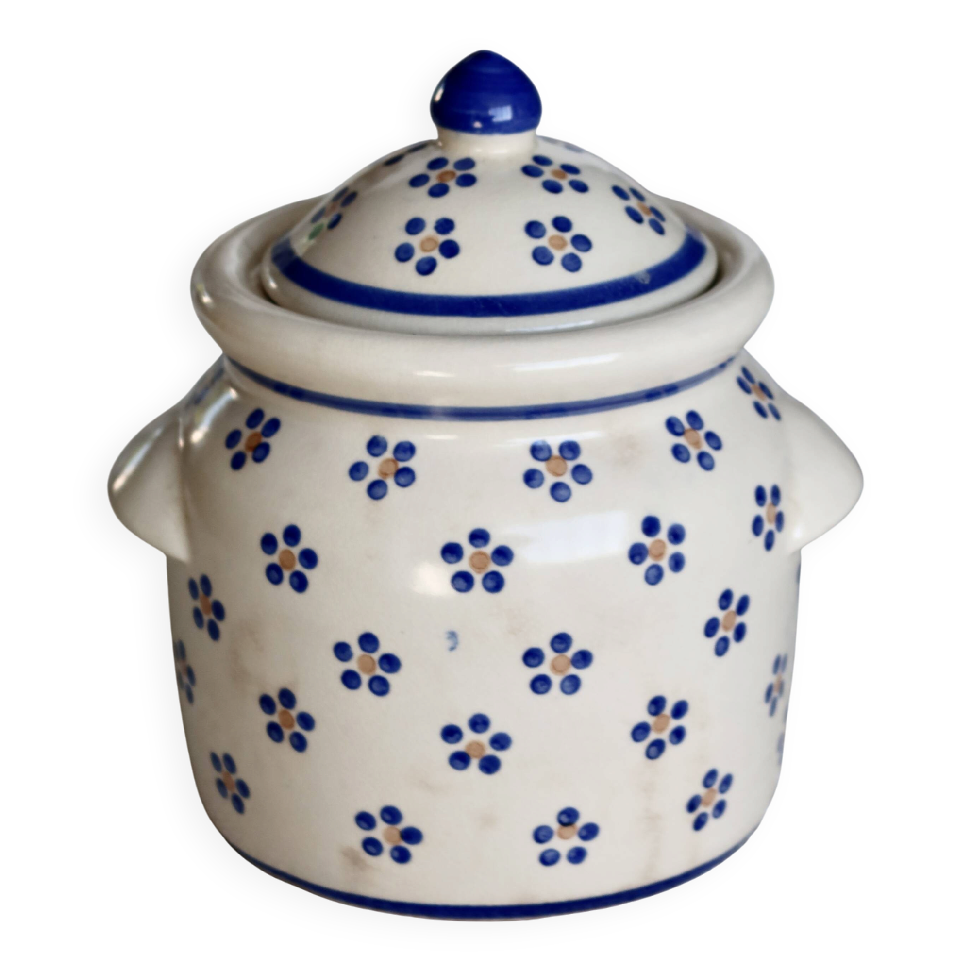 Vintage beige earthenware bonbonnière - Hand-painted blue floral decoration