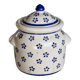 Vintage beige earthenware bonbonnière - Hand-painted blue floral decoration