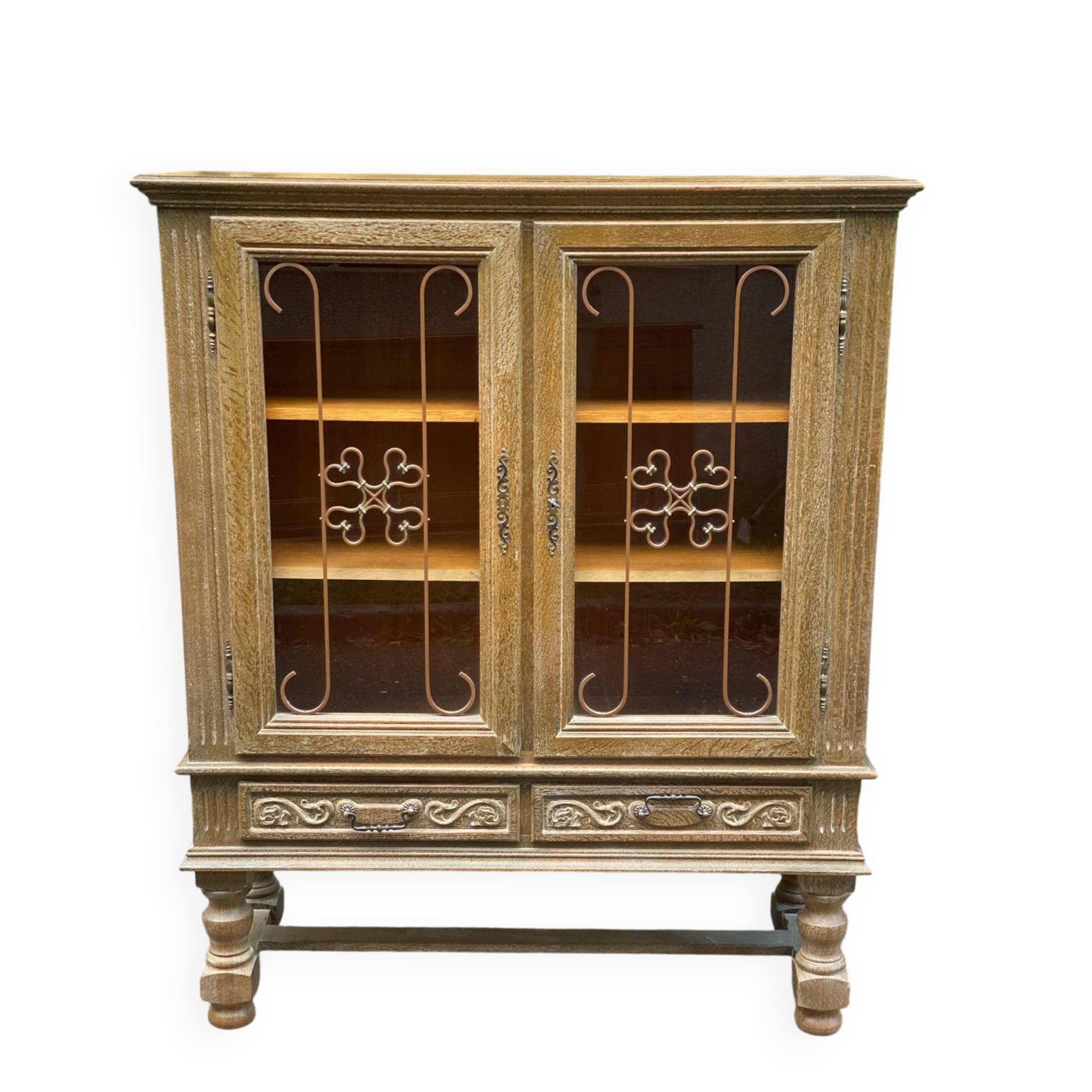 Spanish Renaissance display case in patinated solid wood
