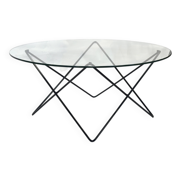 Table basse vintage en verre et fil d'acier des années 70