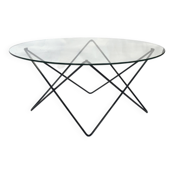 Table basse vintage en verre et fil d'acier des années 70