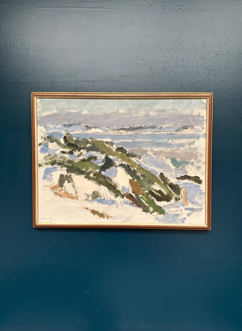 Original Swedish Oil on Canvas – "Winter Landscape" by FMK – Dated 1943 – Vintage and Framed – 78 × 60 cm (30.7" × 23.6")