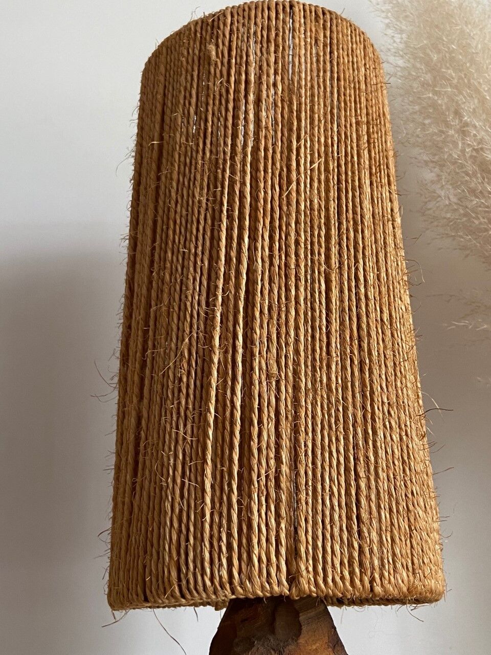 Brutalist style lamp, raw wood and rope