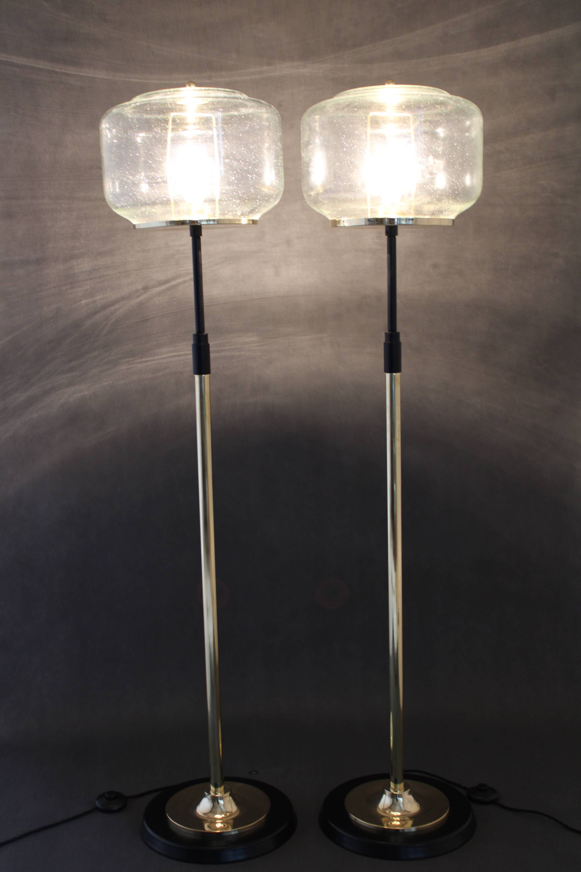 1970s Pair of Glass Brass Floor Lamps by Kamenicky Senov , Czechoslovakia