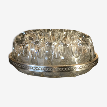 Vase pique-fleur en verre moulé avec contour métal argent ajouré - 20 cm