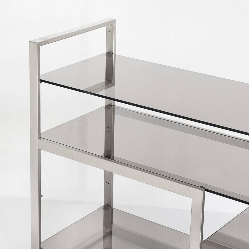 Vintage TV or HiFi cabinet. Brushed stainless steel and smoked glass. France, 1970s