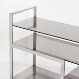 Vintage TV or HiFi cabinet. Brushed stainless steel and smoked glass. France, 1970s