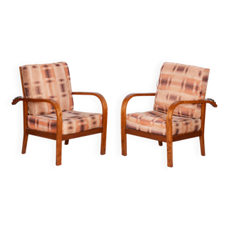Restored ArtDeco Pair of Reclining Chairs, J. Halabala, Oak, Czechia, 1930s