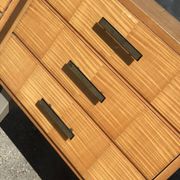 Pair of mid-century blonde lacquered bedside tables with metal legs, 1950s - set of 2