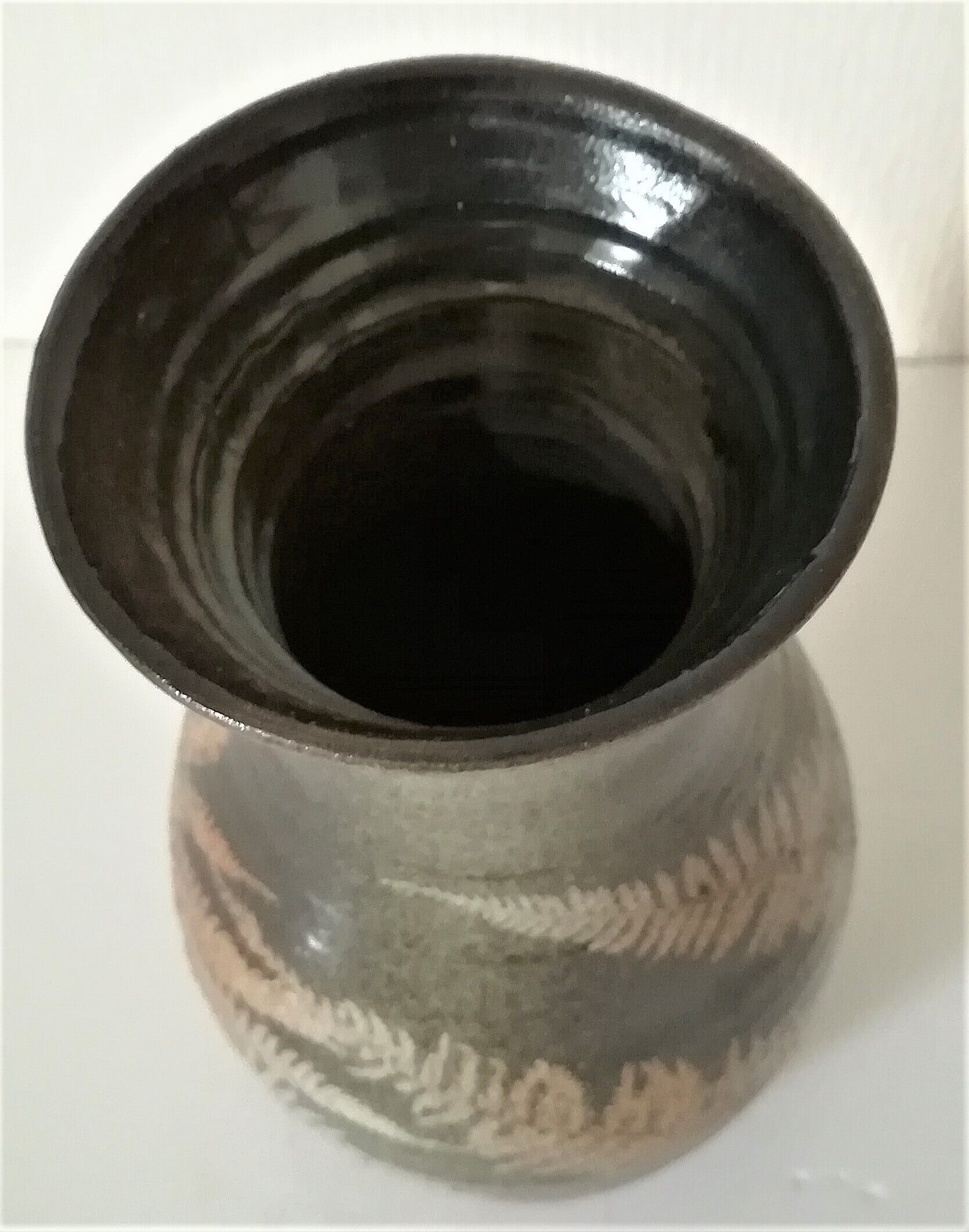 Vintage enamelled ceramic vase decorated with ferns