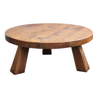 Vintage 1970s oak coffee table Brutalist Wabi-Sabi round