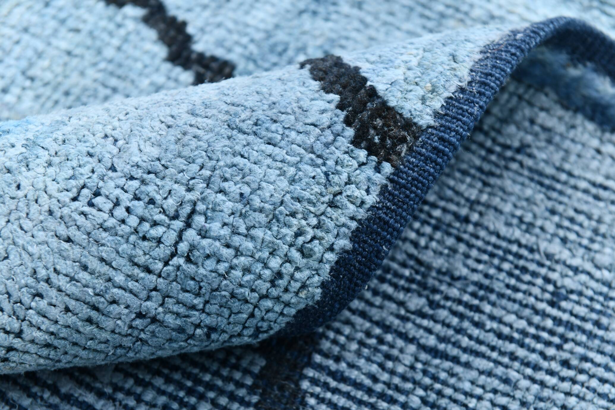 Sky Blue Wool Rug, Modern Handmade Designer Vintage Carpet, 213x281 Cm