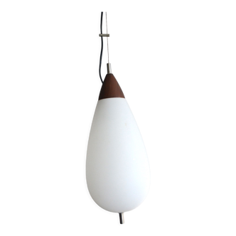 Suspension Goffredo Reggiani ovoid teak and opaline 50s