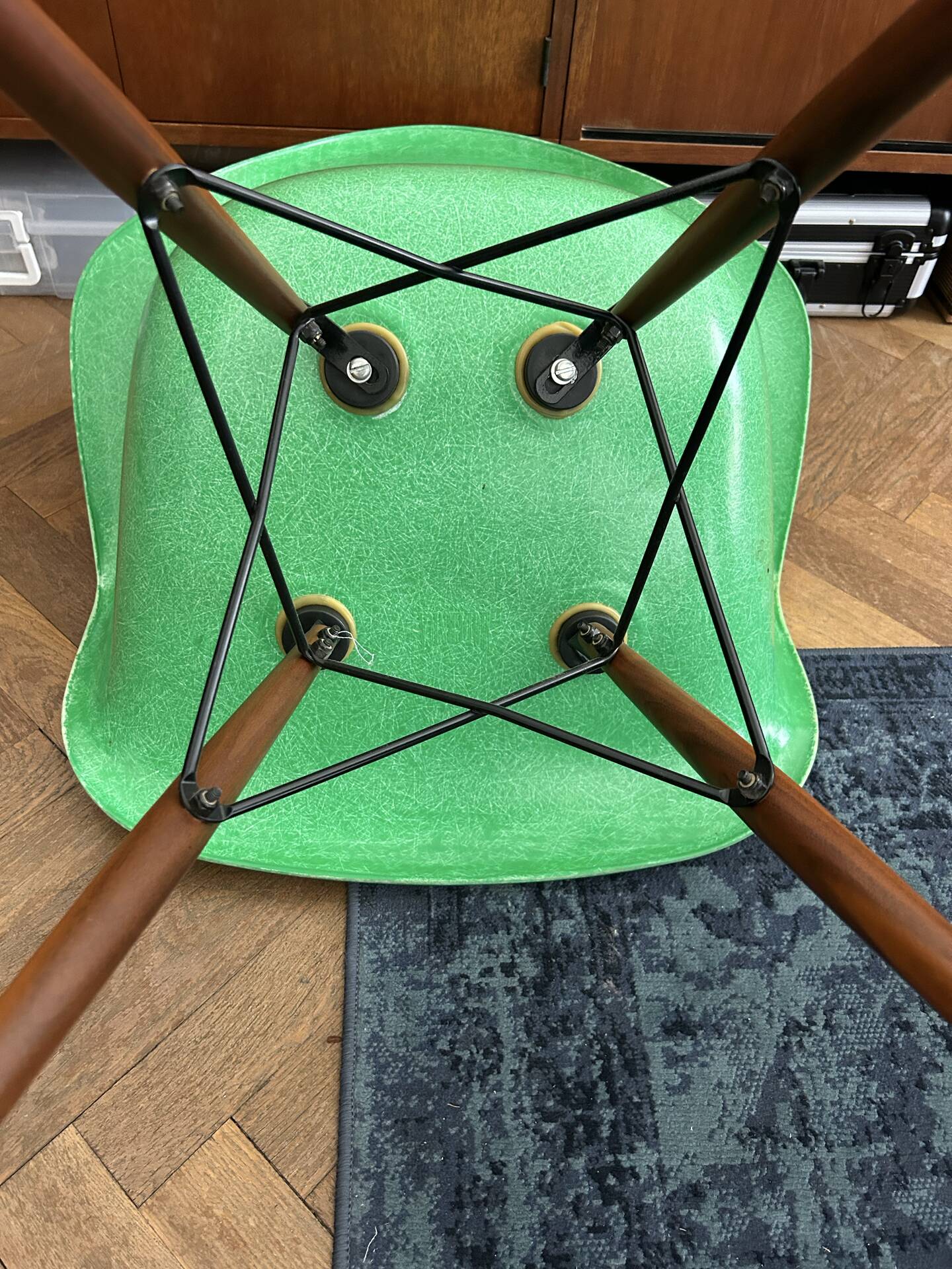 Ray and Charles Eames Fibreglass Arm Shell Dowel Chair Green
