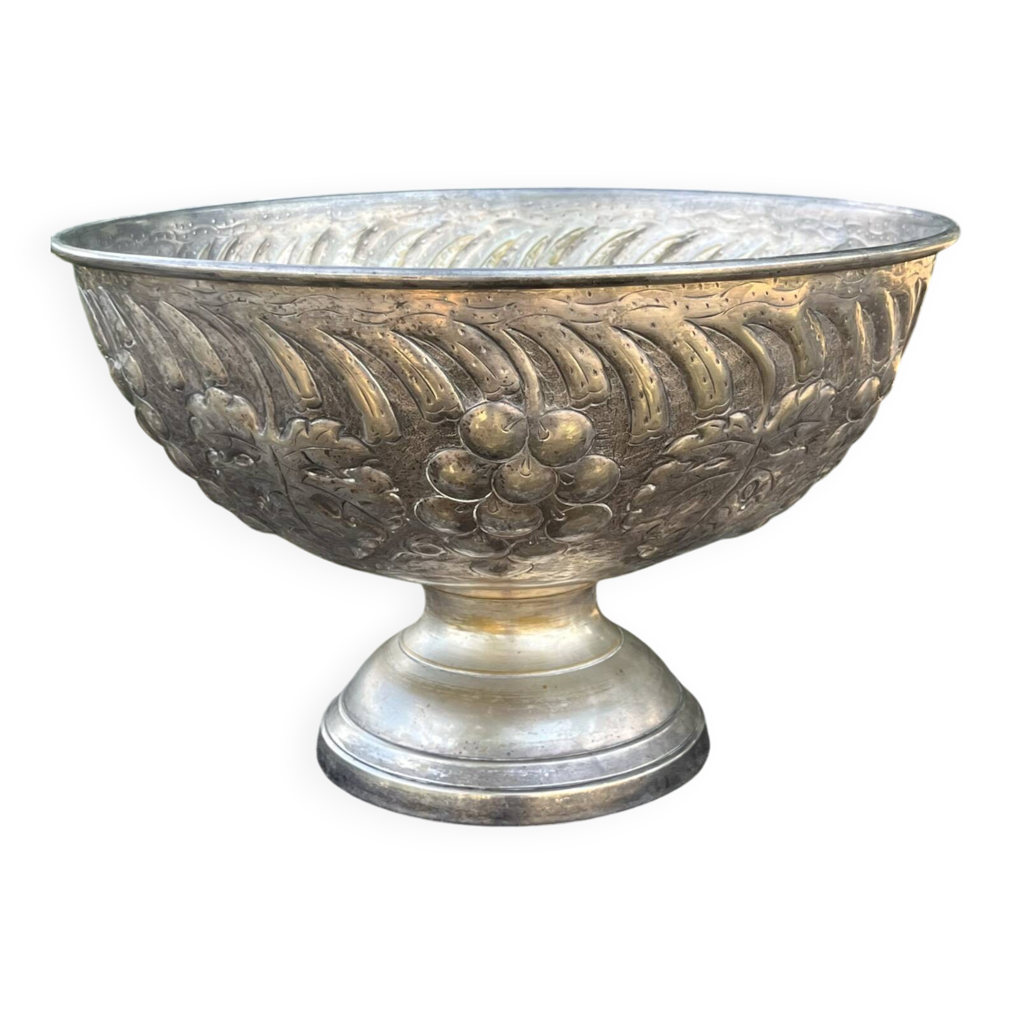 Large silver plated champagne cooler bowl on pedestal with grape