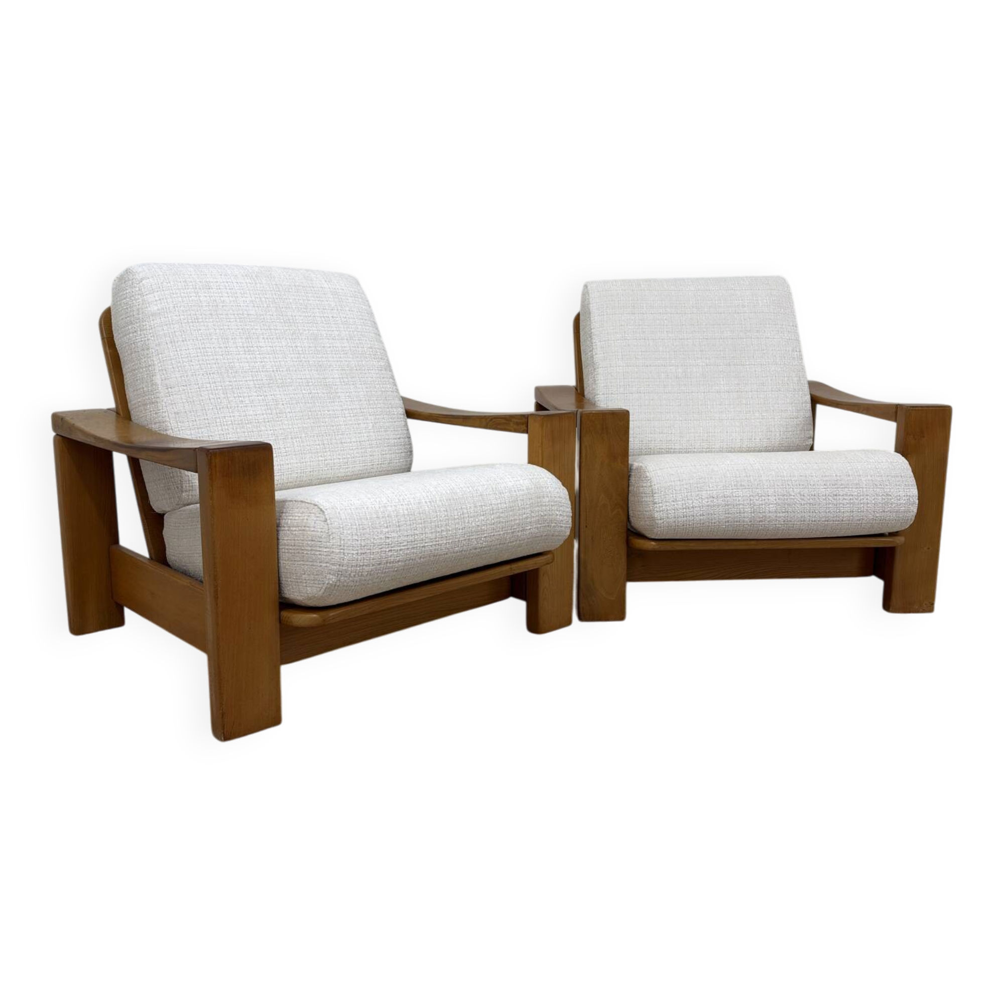 Pair of vintage armchairs in solid wood – new white fabric