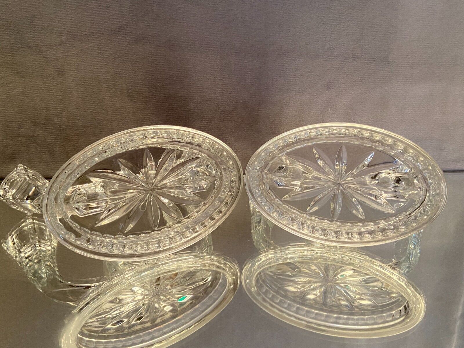 Pair of Val Saint Lambert crystal table end candlesticks