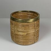 Set of 5 rattan pencil reed and brass plant holder baskets, Italy 1970s