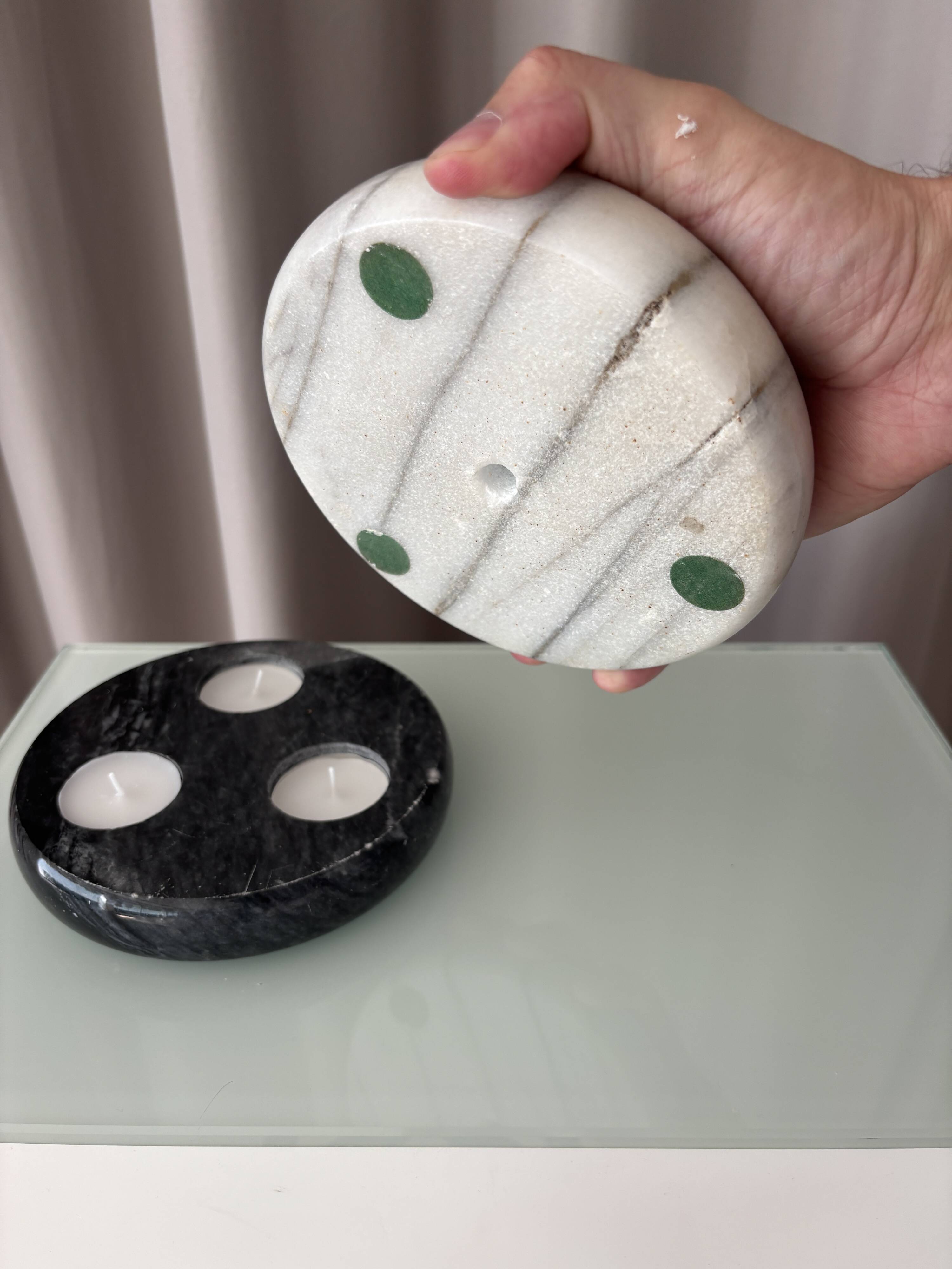 Pair of Vintage Marble Triple Tealight Candle Holders – Black & White