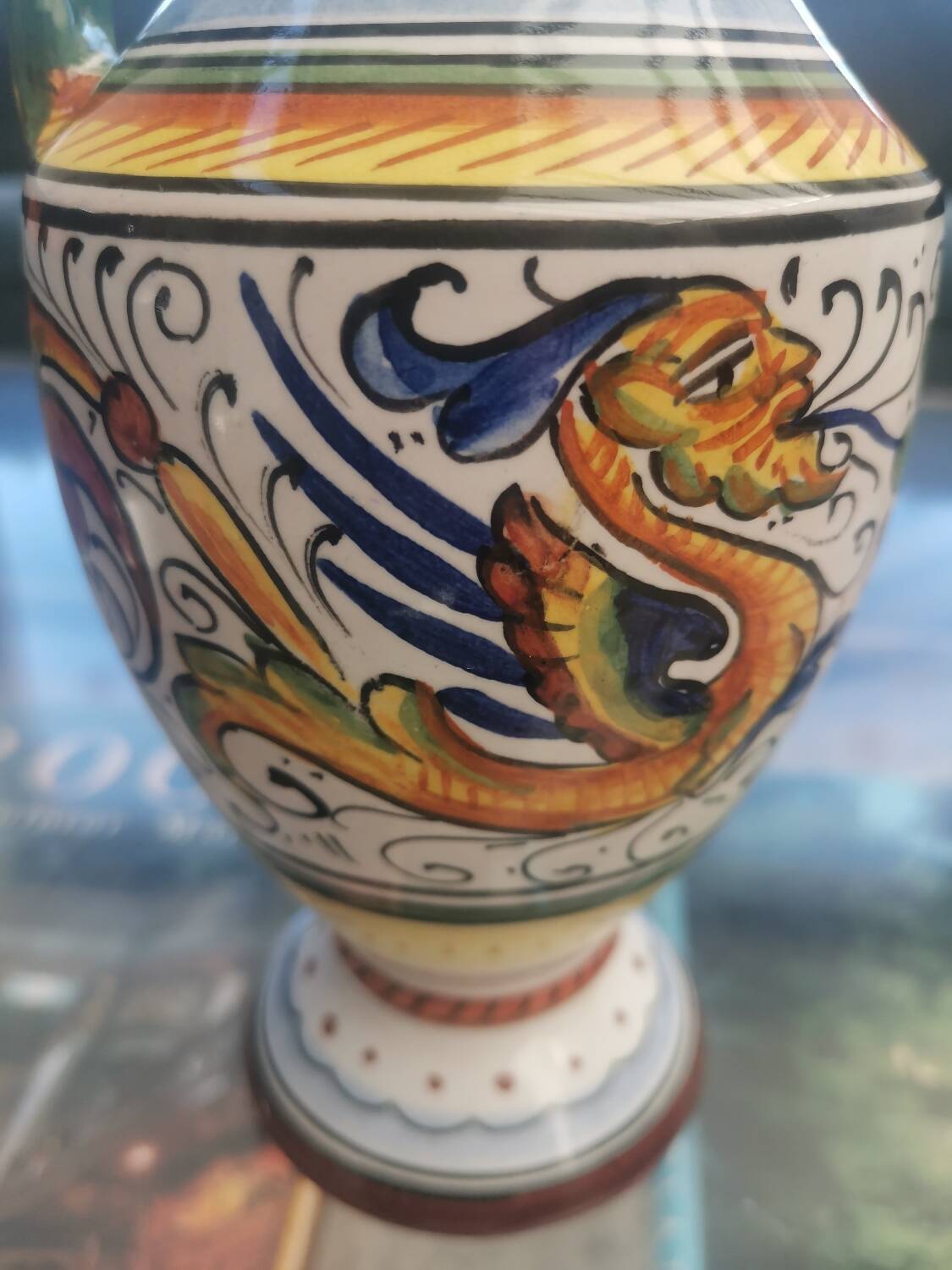Italian majolica vase jug from Deruta, hand-painted ceramic, signed, 25 cm.