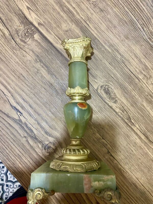 Pied de lampe ancien en onyx vert et laiton doré – fin XIXe / début XX