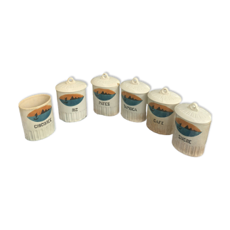 Series of 6 art deco spice pots, stencil patterns, sea and boat, earthenware, art deco