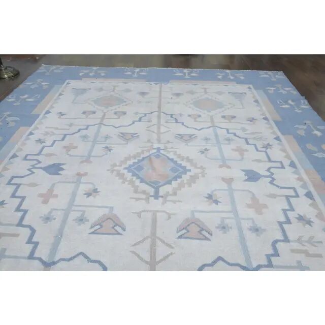 1970s Turkish Oushak Handmade Wool Cotton Blue Beige Area Rug 230x325