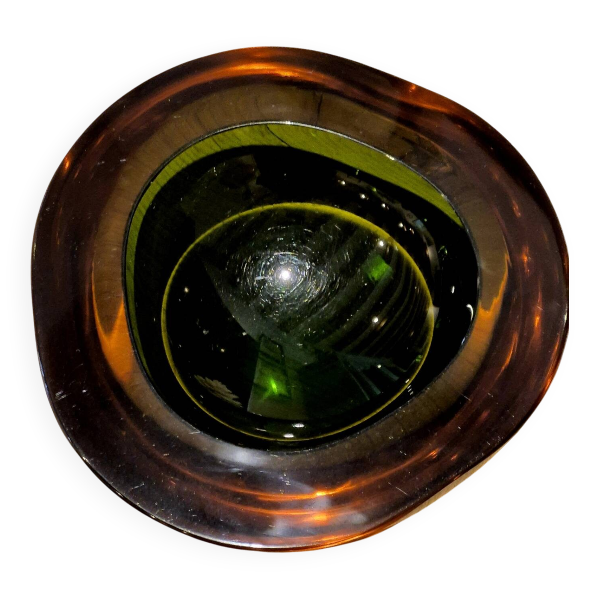 Large vintage Murano glass ashtray in olive green and amber.