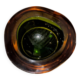 Grand vide-poche cendrier Murano vintage en verre vert olive et ambre