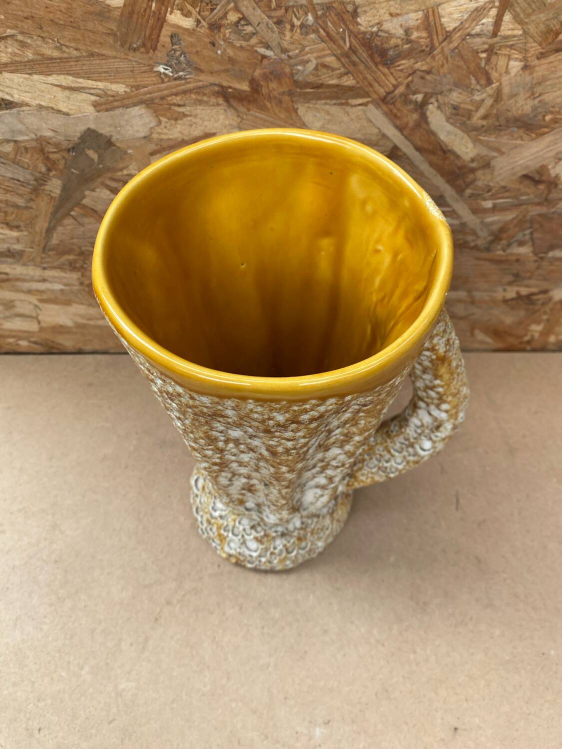 Antique vase pitcher vallauris fat lava ceramic yellow white foam #b479