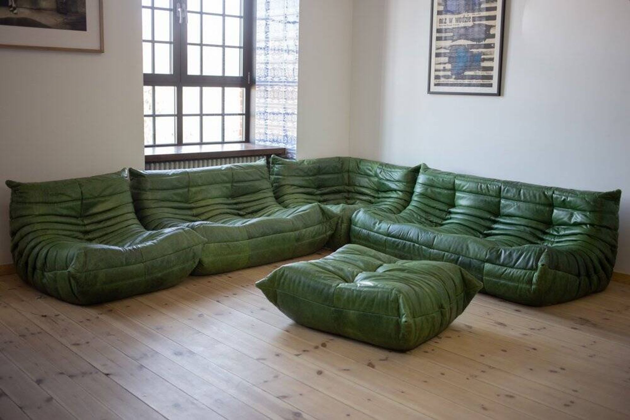 Green leather Togo living room set by Michel Ducaroy for Ligne Roset, 1979, set of 5