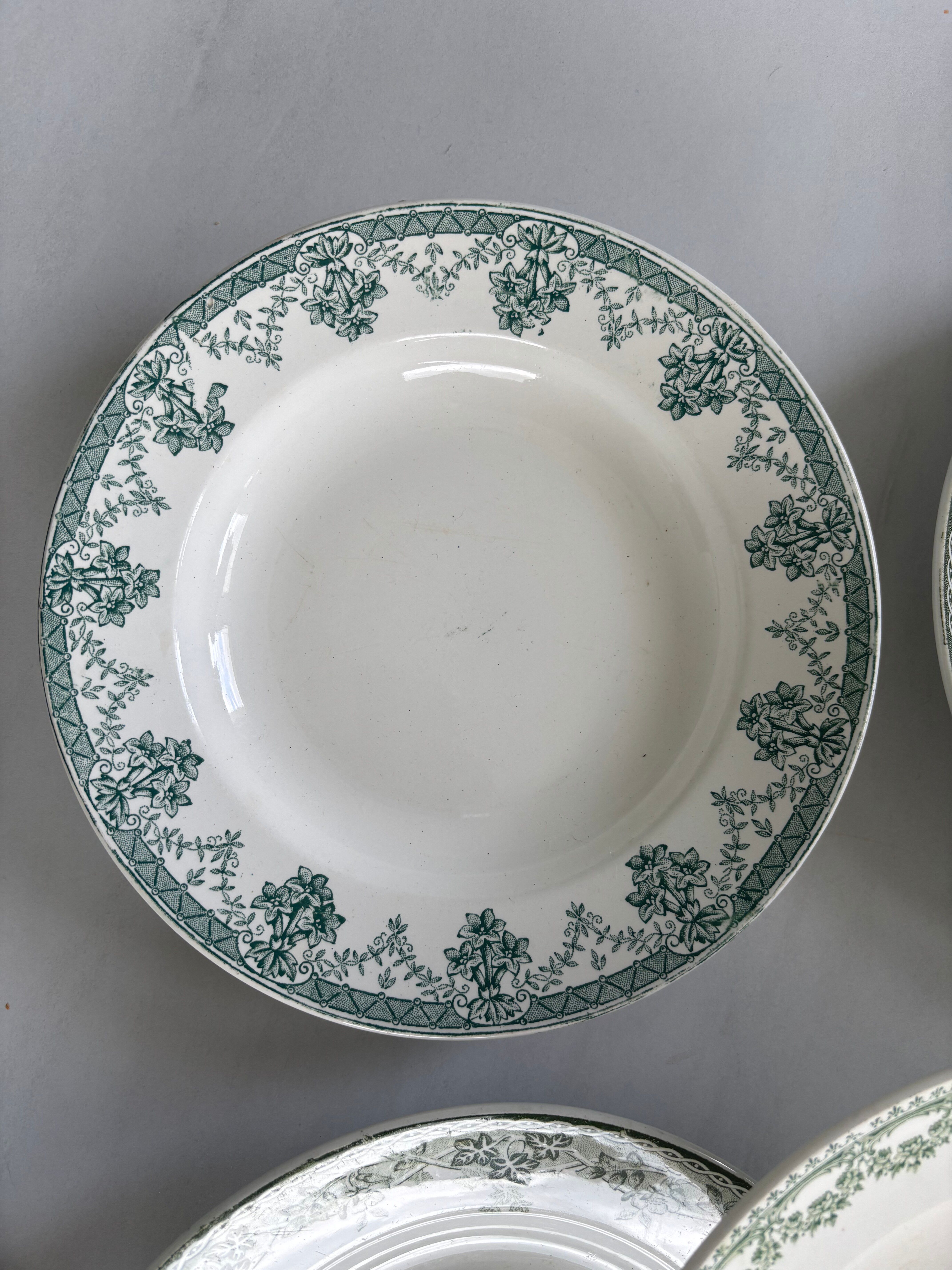 Set of 6 blue and green ironstone deep plates, French earthenware.