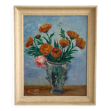Tableau peinture ancienne huile sur panneau bouquet de fleurs