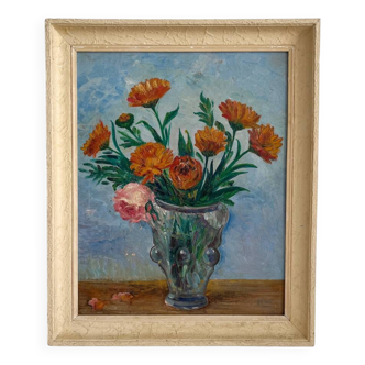 Tableau peinture ancienne huile sur panneau bouquet de fleurs