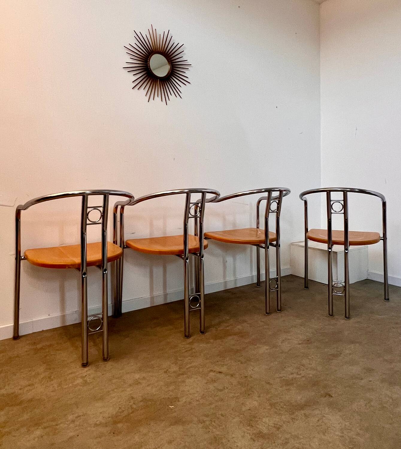 4 old metal chairs with wooden seats, Italian design, postmodern 80s