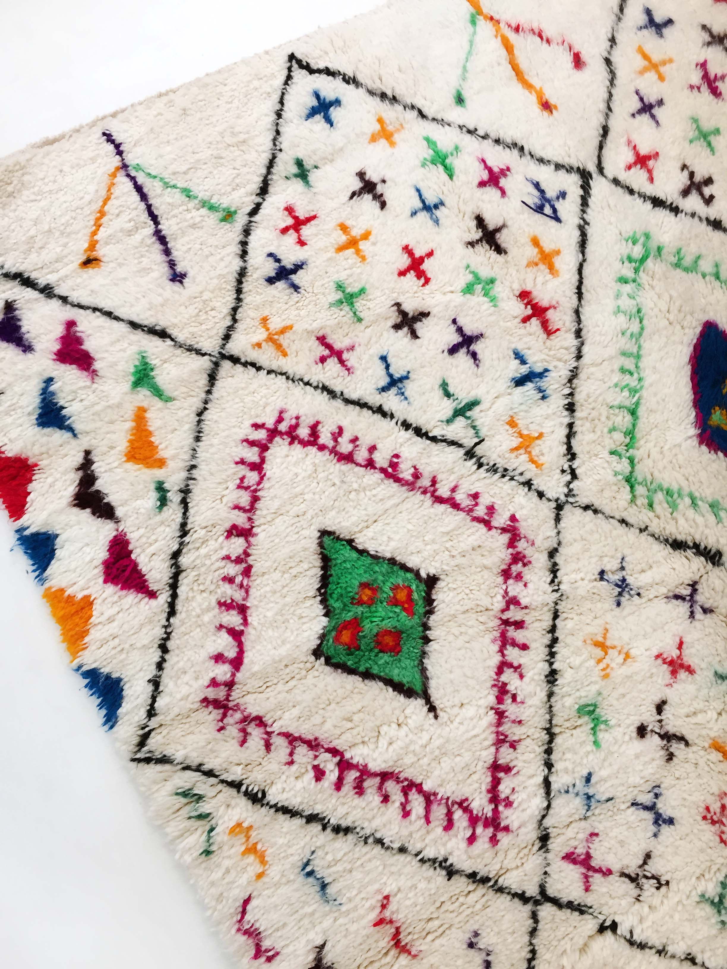 Moroccan Berber carpet azilal ecru with diamonds and colorful patterns 300x188cm