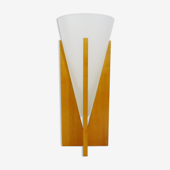 Vase vintage pied bois de pin et verre conique. année 80