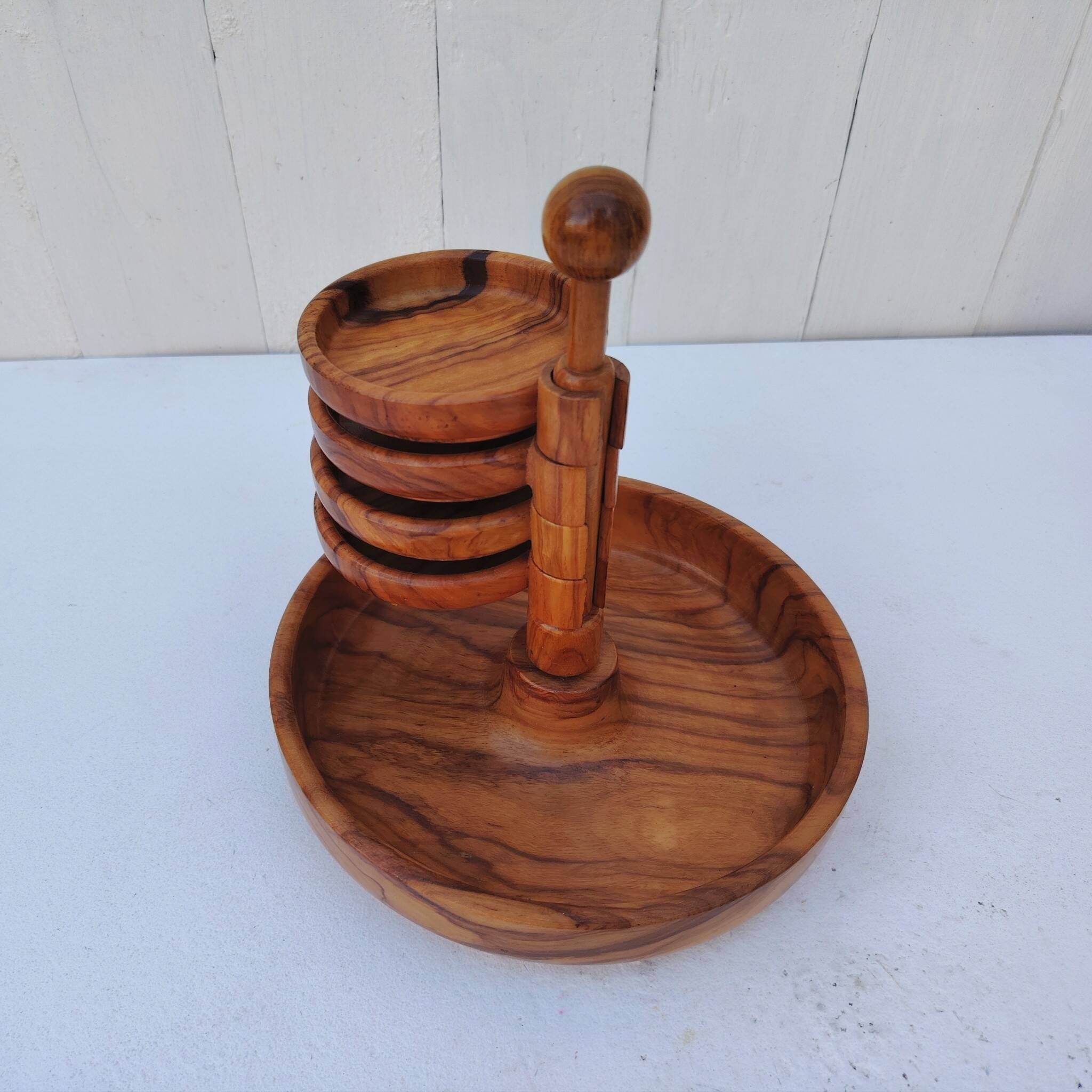 Aperitif server, olive wood, 70's design.