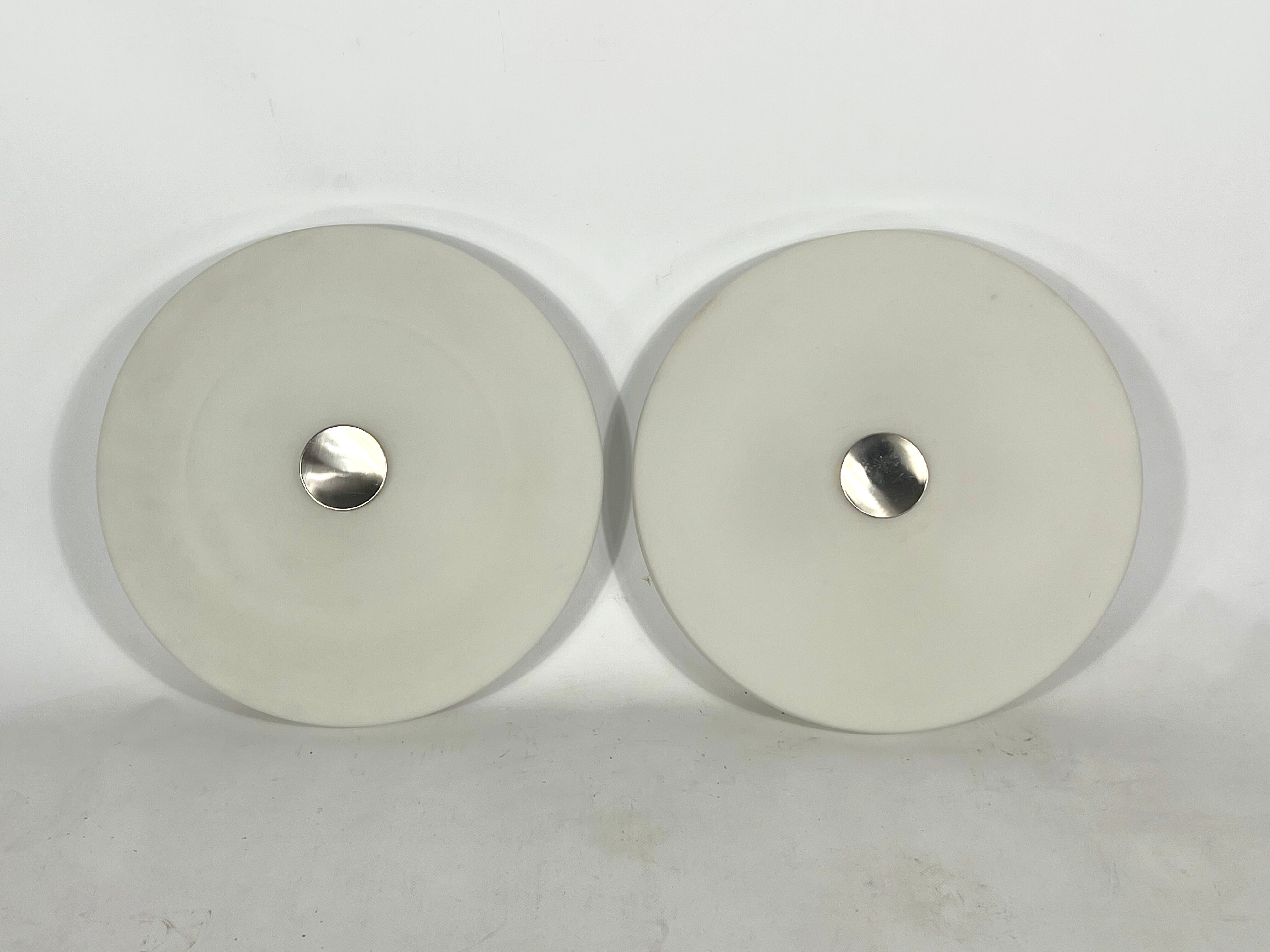 Stilux Milano, pair of round opaline glass ceiling lamps. 1960s