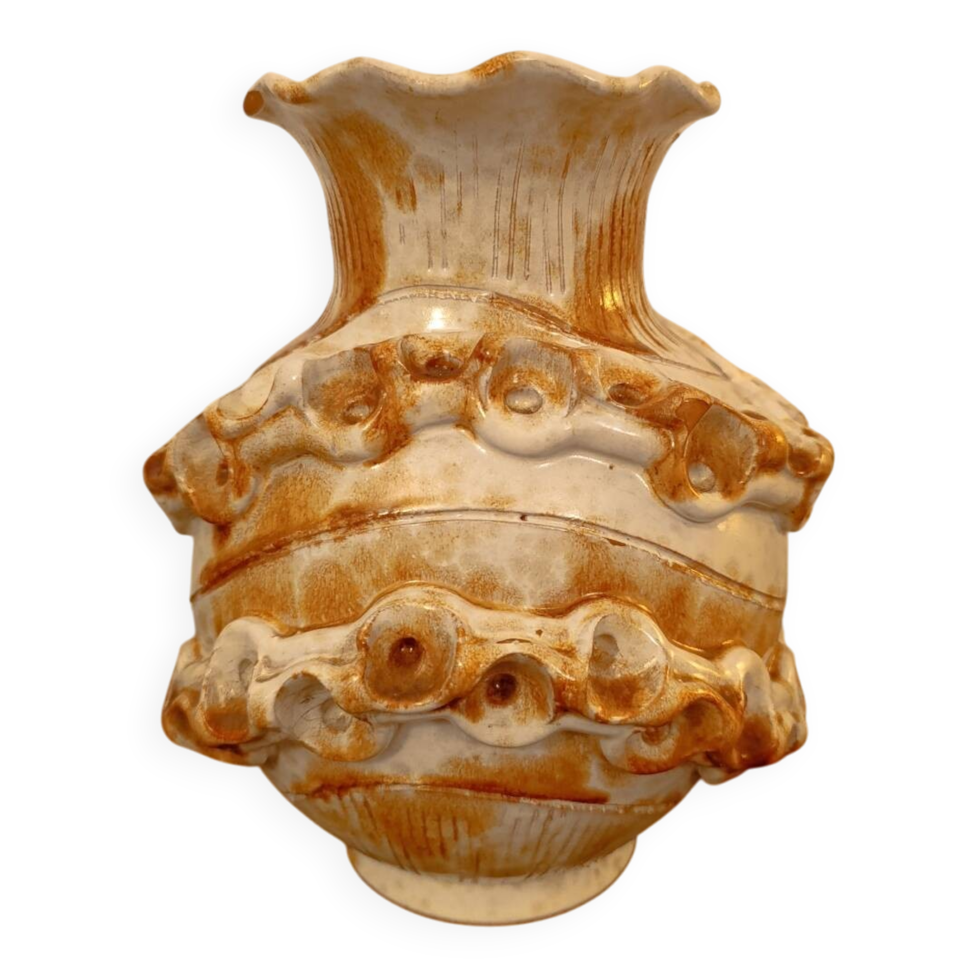 Large brutalist Italian ceramic vase, vintage two-tone, 60s/70s.