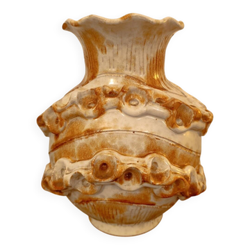 Large brutalist Italian ceramic vase, vintage two-tone, 60s/70s.