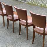 4 art deco chairs in solid wood and brown leather, 1930