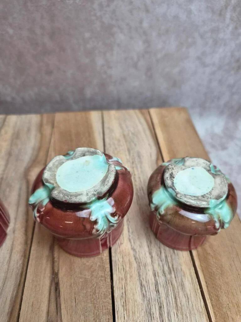 Antique majolica barbotine set – tray and 4 small pots – Art Nouveau