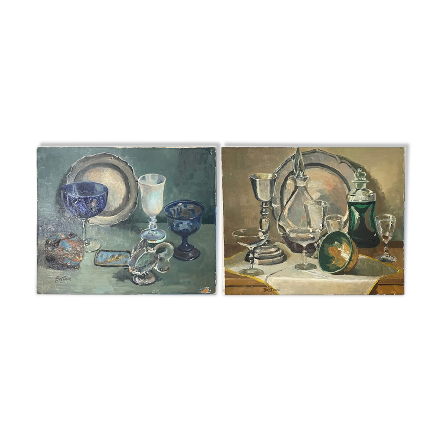 Old pair of still life oil on canvas signed Brittany 1 damaged