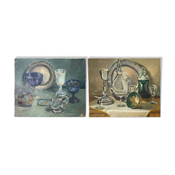 Old pair of still life oil on canvas signed Brittany 1 damaged