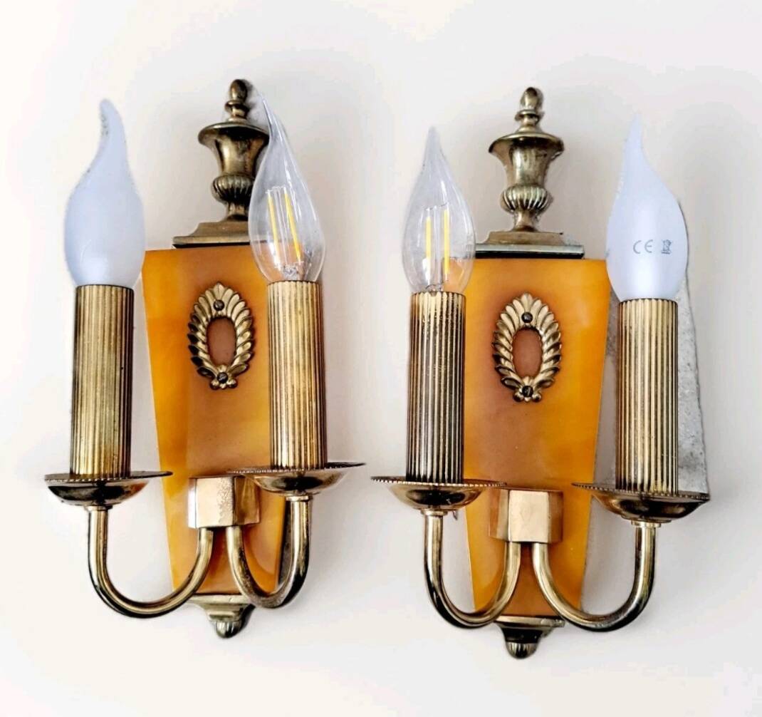 Antique pair of brass bakelite wall lights