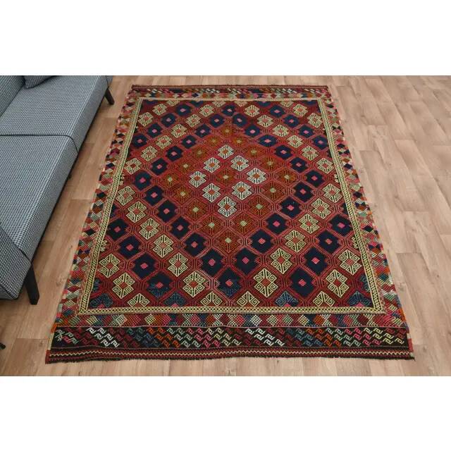 1970s Vintage Turkish Oushak Handmade Wool Cotton Red Kilim Rug 195x263