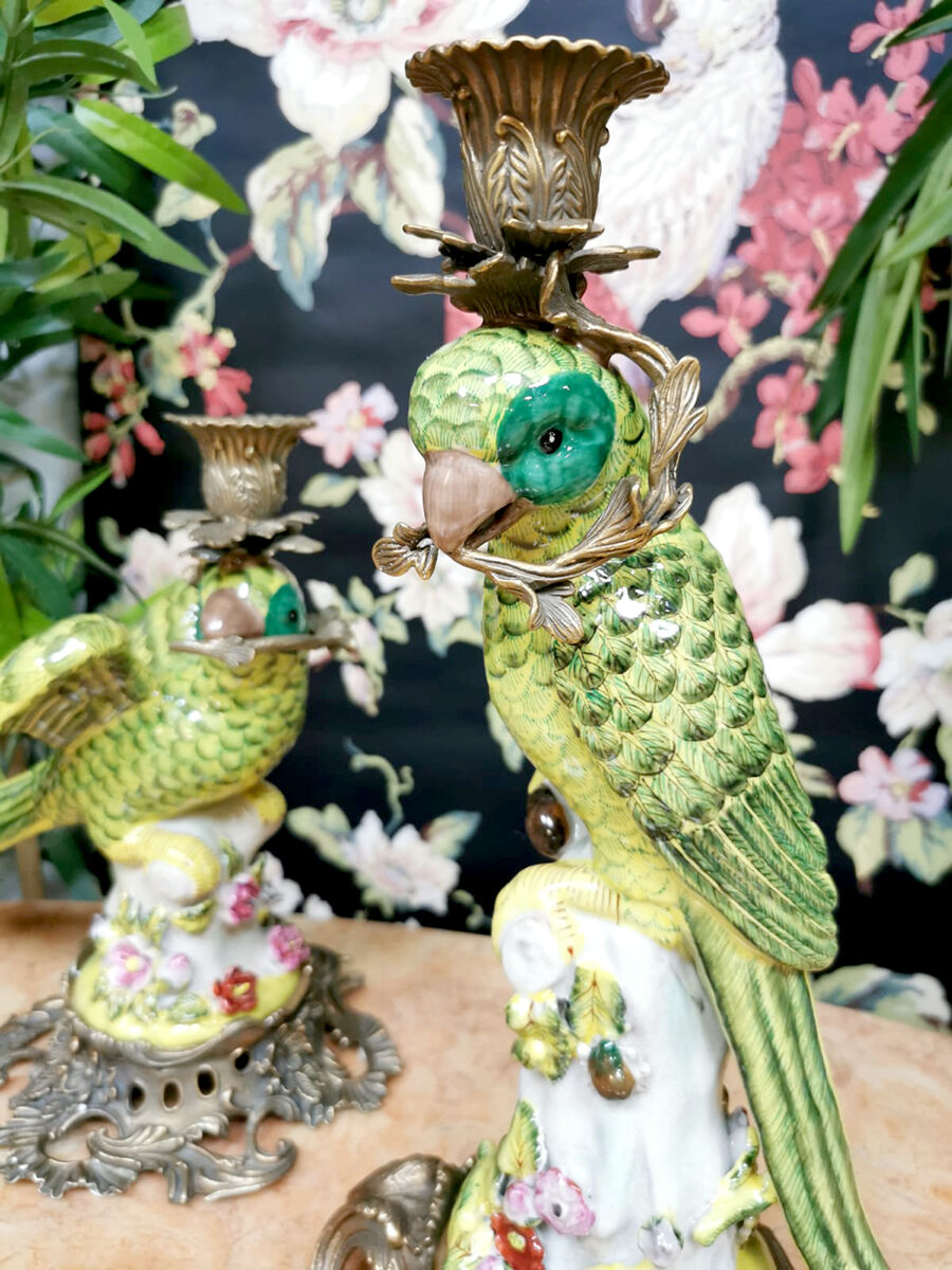 Set of 2 decorative brass candle holders porcelain parrots